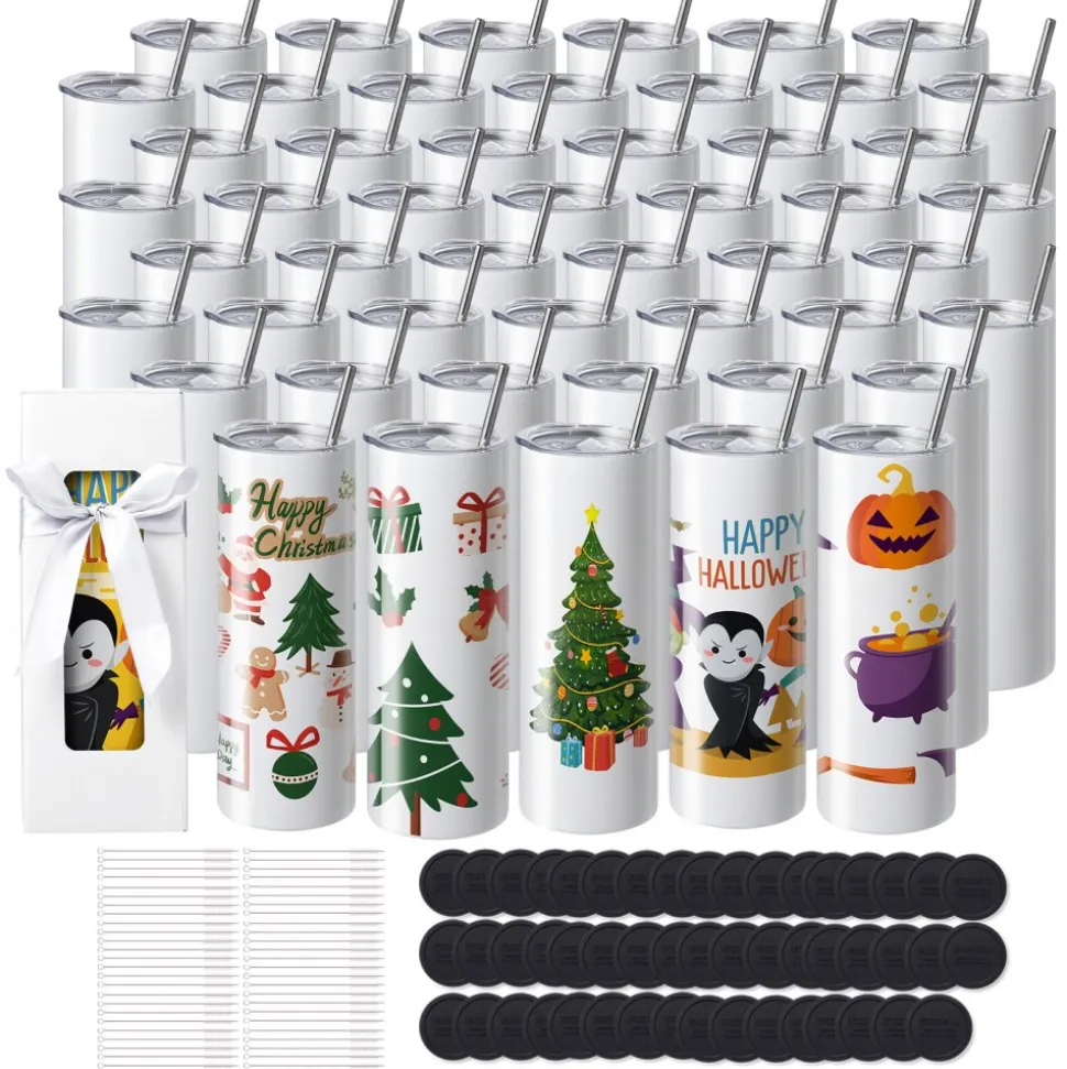 VEVOR 50 Pack Sublimation Tumblers 20oz Skinny Straight, Stainless Steel Sublimation Tumblers Blank, Stainless Steel Double Wall Tumbler for Heat Transfer Customized Gifts with Lid and Straw, Gift Box