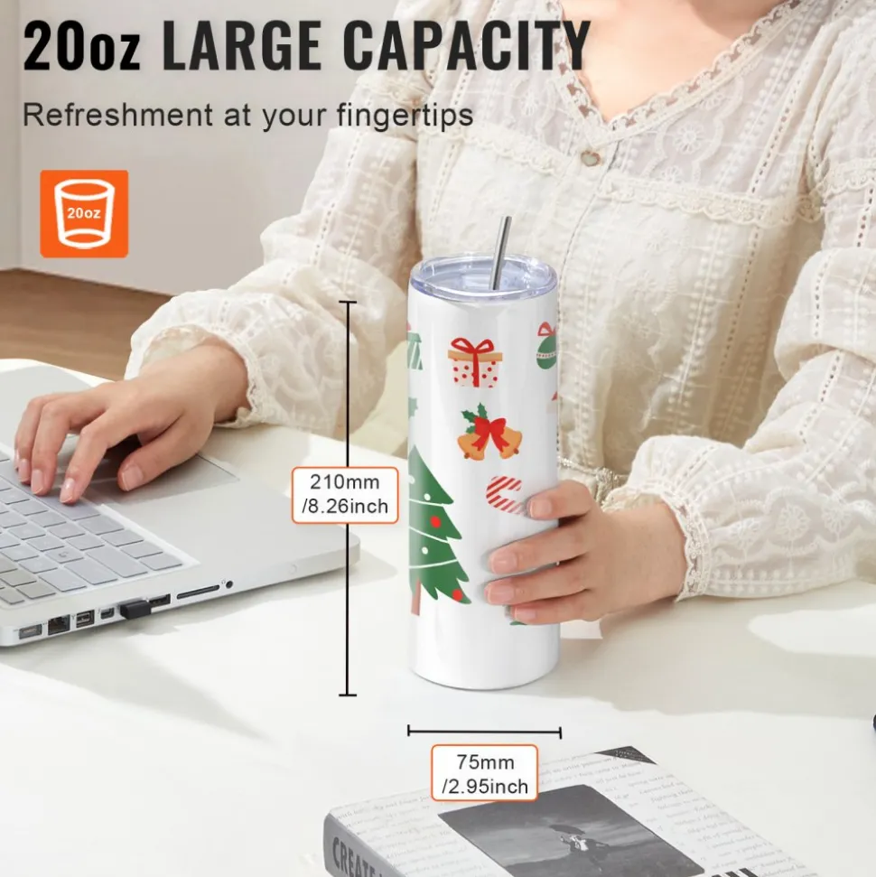 VEVOR 50 Pack Sublimation Tumblers 20oz Skinny Straight, Stainless Steel Sublimation Tumblers Blank, Stainless Steel Double Wall Tumbler for Heat Transfer Customized Gifts with Lid and Straw, Gift Box