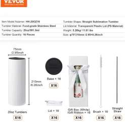 VEVOR 16 Pack Sublimation Tumblers 20oz Skinny Straight, Stainless Steel Sublimation Tumblers Blank, Stainless Steel Double Wall Tumbler for Heat Transfer Customized Gifts with Lid and Straw, Gift Box