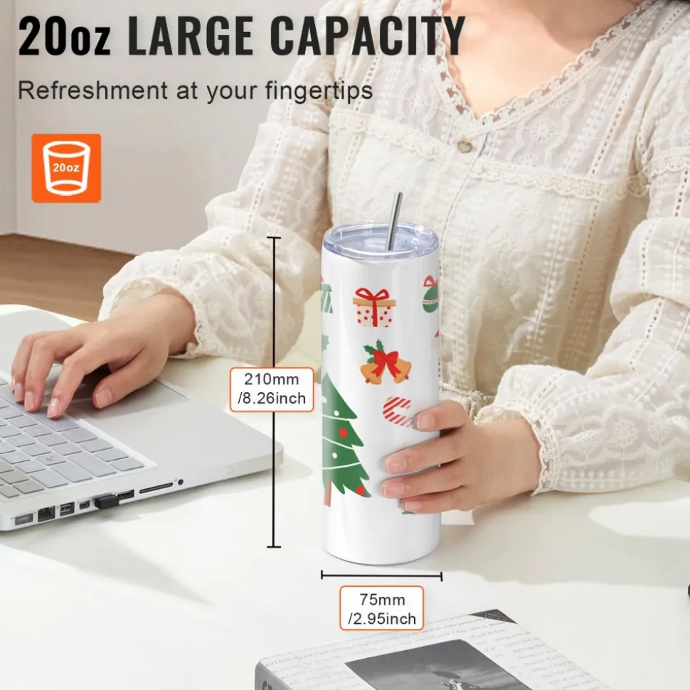 VEVOR 16 Pack Sublimation Tumblers 20oz Skinny Straight, Stainless Steel Sublimation Tumblers Blank, Stainless Steel Double Wall Tumbler for Heat Transfer Customized Gifts with Lid and Straw, Gift Box