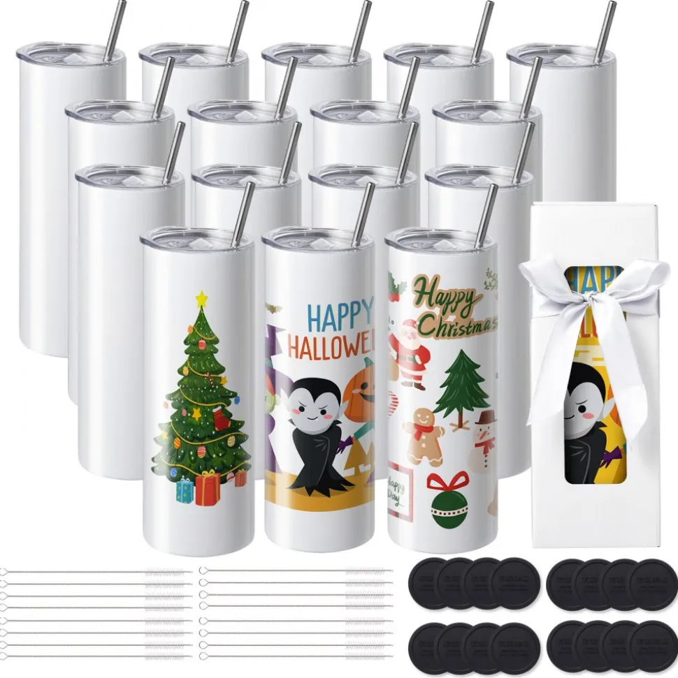 VEVOR 16 Pack Sublimation Tumblers 20oz Skinny Straight, Stainless Steel Sublimation Tumblers Blank, Stainless Steel Double Wall Tumbler for Heat Transfer Customized Gifts with Lid and Straw, Gift Box