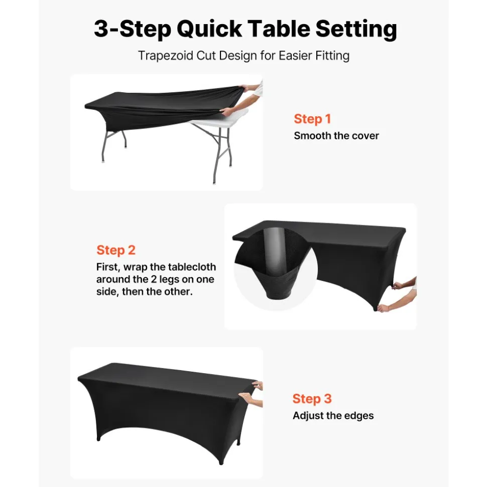 VEVOR 3 Pack Table Cloth for 6FT Rectangular Fitted Events, Wrinkle-Resistant Stretch Black Table Covers, Washable Spandex Tablecloth Protector, for Party, Wedding, Cocktail, Banquet, Festival