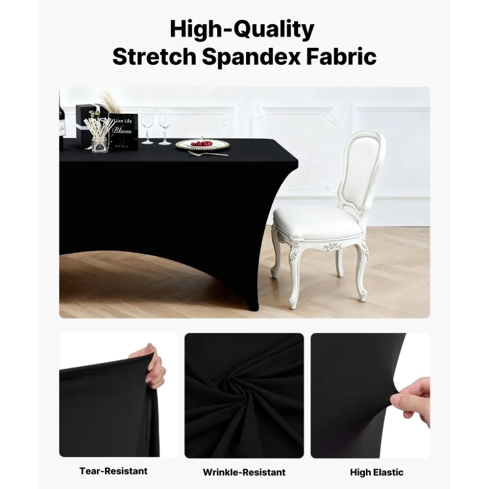 VEVOR 3 Pack Table Cloth for 6FT Rectangular Fitted Events, Wrinkle-Resistant Stretch Black Table Covers, Washable Spandex Tablecloth Protector, for Party, Wedding, Cocktail, Banquet, Festival