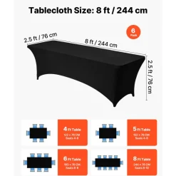 VEVOR 6 Pack Table Cloth for 8FT Rectangular Fitted Events, Wrinkle-Resistant Stretch Black Table Covers, Washable Spandex Tablecloth Protector, for Party, Wedding, Cocktail, Banquet, Festival