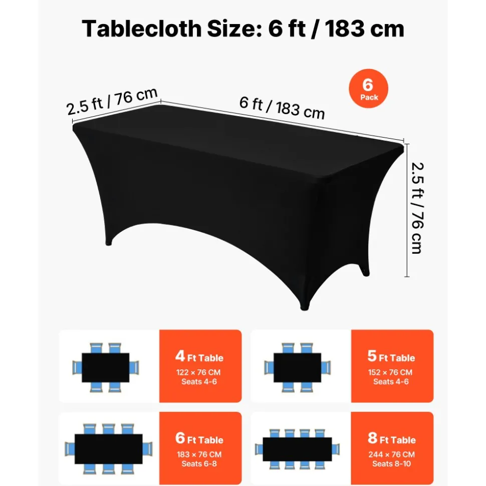 VEVOR 6 Pack Table Cloth for 6FT Rectangular Fitted Events, Wrinkle-Resistant Stretch Black Table Covers, Washable Spandex Tablecloth Protector, for Party, Wedding, Cocktail, Banquet, Festival