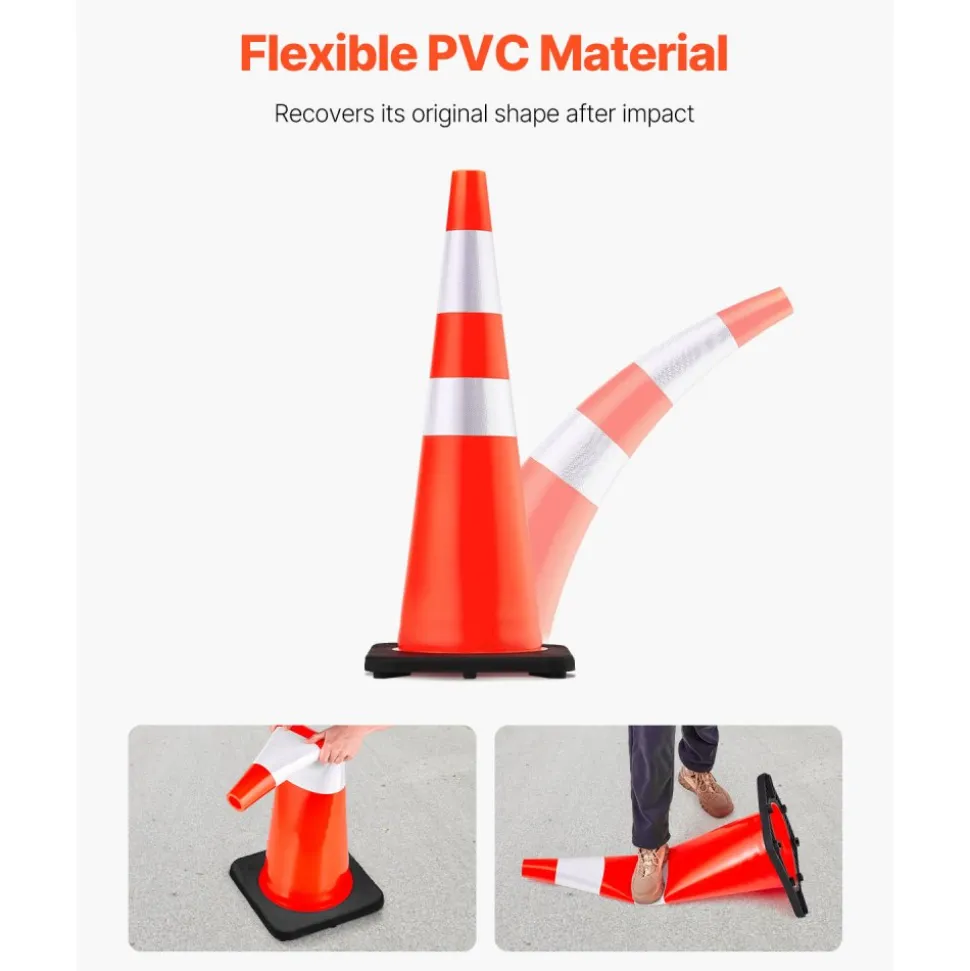 VEVOR 6Pack 36" Traffic Cones, Safety Road Parking Cone with Black Weighted Base, PVC Orange Traffic Safety Cones, Hazard Cones Reflective Collars for Construction Traffic Parking