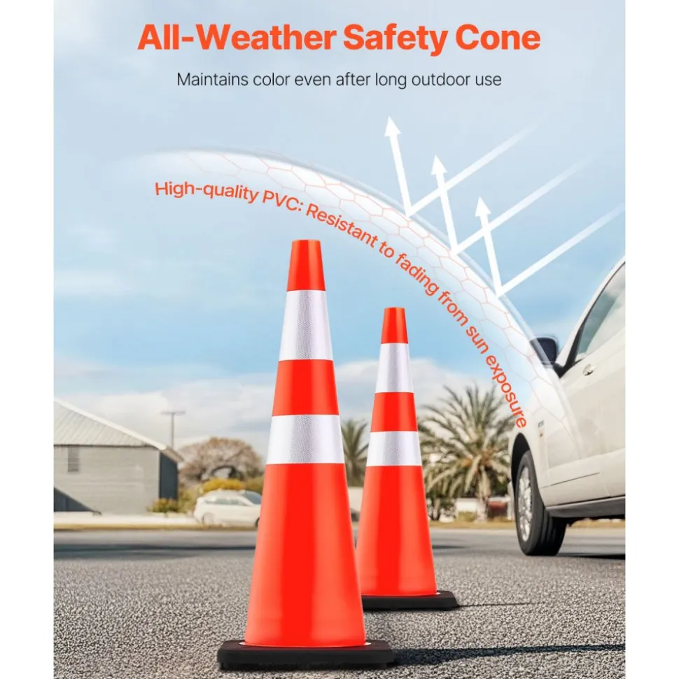 VEVOR 6Pack 36" Traffic Cones, Safety Road Parking Cone with Black Weighted Base, PVC Orange Traffic Safety Cones, Hazard Cones Reflective Collars for Construction Traffic Parking