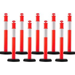 VEVOR 9 Pack Traffic Delineator Posts, 48 inches Traffic Safety Cones with Fillable Base and Reflective Strips, Heavy Duty Delineator Posts for Construction Site, Parking Lot, Crowd Control, Red