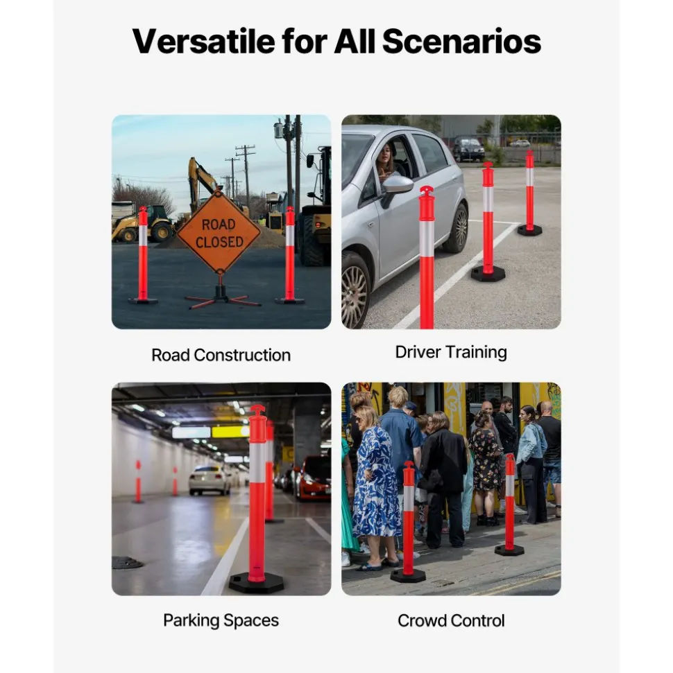 VEVOR 3 Pack Traffic Delineator Posts, 48 inches Traffic Safety Cones with Weighted Base and Reflective Strips, Heavy Duty Delineator Posts for Construction Site, Parking Lot, Crowd Control, Green