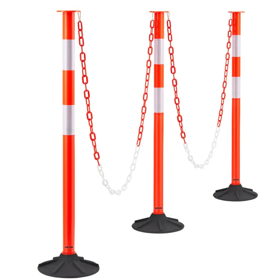 VEVOR 3 Pack Traffic Delineator Posts, 34 in Traffic Safety Cones with Weighted Base, Reflective Strips and Chain, Heavy Duty Delineator Posts for Construction Site, Parking Lot, Crowd Control, Red