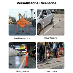 VEVOR 3 Pack Traffic Delineator Posts, 34 in Traffic Safety Cones with Weighted Base, Reflective Strips and Chain, Heavy Duty Delineator Posts for Construction Site, Parking Lot, Crowd Control, Red