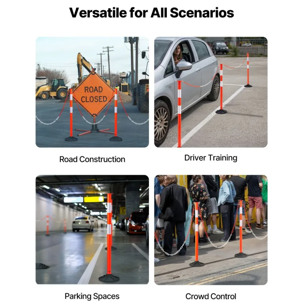 VEVOR 3 Pack Traffic Delineator Posts, 34 in Traffic Safety Cones with Weighted Base, Reflective Strips and Chain, Heavy Duty Delineator Posts for Construction Site, Parking Lot, Crowd Control, Red