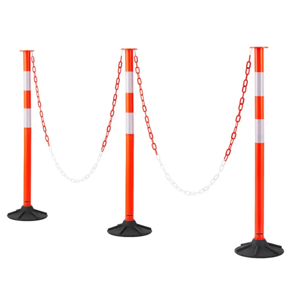 VEVOR 3 Pack Traffic Delineator Posts, 34 in Traffic Safety Cones with Weighted Base, Reflective Strips and Chain, Heavy Duty Delineator Posts for Construction Site, Parking Lot, Crowd Control, Red