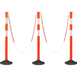 VEVOR 3 Pack Traffic Delineator Posts, 34 in Traffic Safety Cones with Weighted Base, Reflective Strips and Chain, Heavy Duty Delineator Posts for Construction Site, Parking Lot, Crowd Control, Red