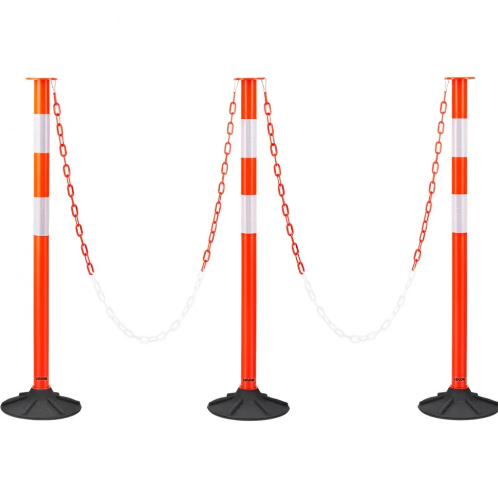 VEVOR 3 Pack Traffic Delineator Posts, 34 in Traffic Safety Cones with Weighted Base, Reflective Strips and Chain, Heavy Duty Delineator Posts for Construction Site, Parking Lot, Crowd Control, Red