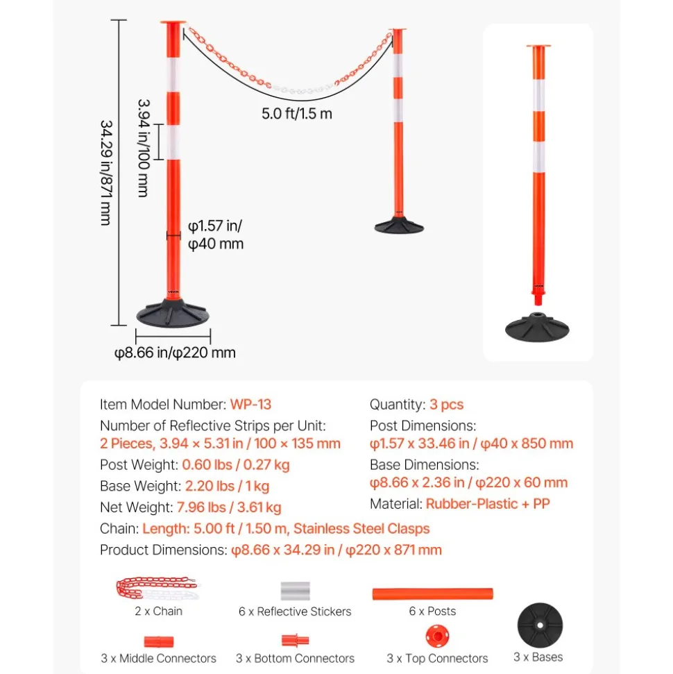 VEVOR 3 Pack Traffic Delineator Posts, 34 in Traffic Safety Cones with Weighted Base, Reflective Strips and Chain, Heavy Duty Delineator Posts for Construction Site, Parking Lot, Crowd Control, Red