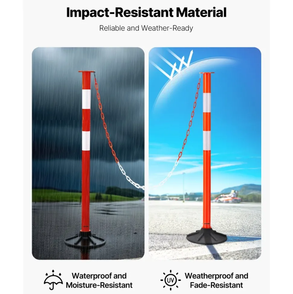 VEVOR 3 Pack Traffic Delineator Posts, 34 in Traffic Safety Cones with Weighted Base, Reflective Strips and Chain, Heavy Duty Delineator Posts for Construction Site, Parking Lot, Crowd Control, Red