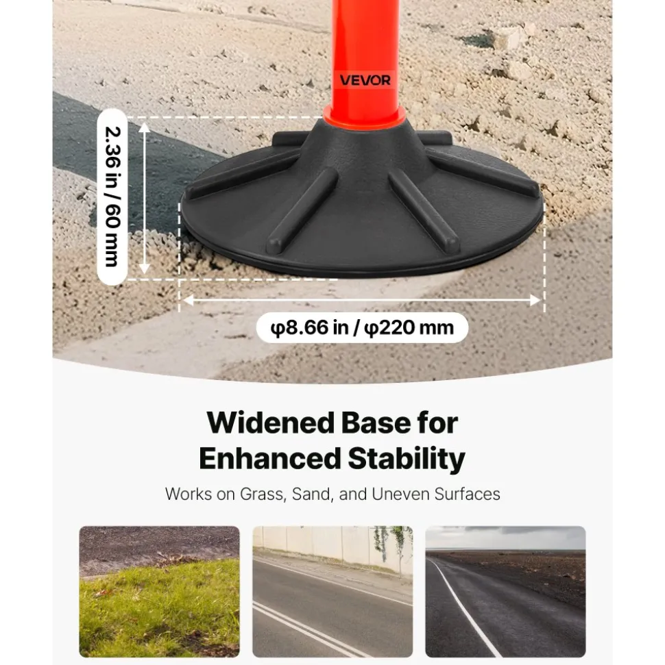 VEVOR 3 Pack Traffic Delineator Posts, 34 in Traffic Safety Cones with Weighted Base, Reflective Strips and Chain, Heavy Duty Delineator Posts for Construction Site, Parking Lot, Crowd Control, Red