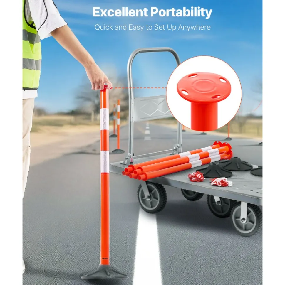 VEVOR 3 Pack Traffic Delineator Posts, 34 in Traffic Safety Cones with Weighted Base, Reflective Strips and Chain, Heavy Duty Delineator Posts for Construction Site, Parking Lot, Crowd Control, Red