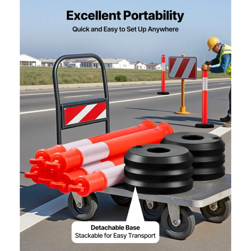 VEVOR 2 Pack Traffic Delineator Posts, 48 inches Traffic Safety Cones with Weighted Base and Reflective Strips, Heavy Duty Delineator Posts for Construction Site, Parking Lot, Crowd Control, Red