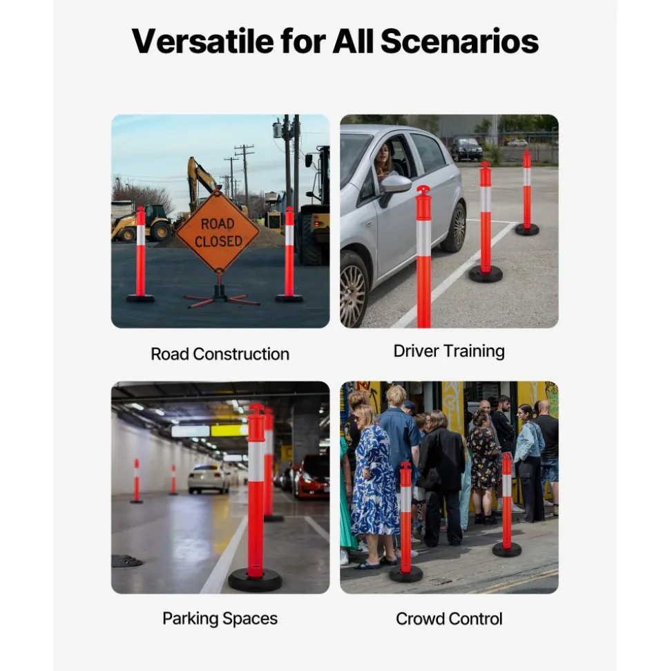 VEVOR 2 Pack Traffic Delineator Posts, 48 inches Traffic Safety Cones with Weighted Base and Reflective Strips, Heavy Duty Delineator Posts for Construction Site, Parking Lot, Crowd Control, Red