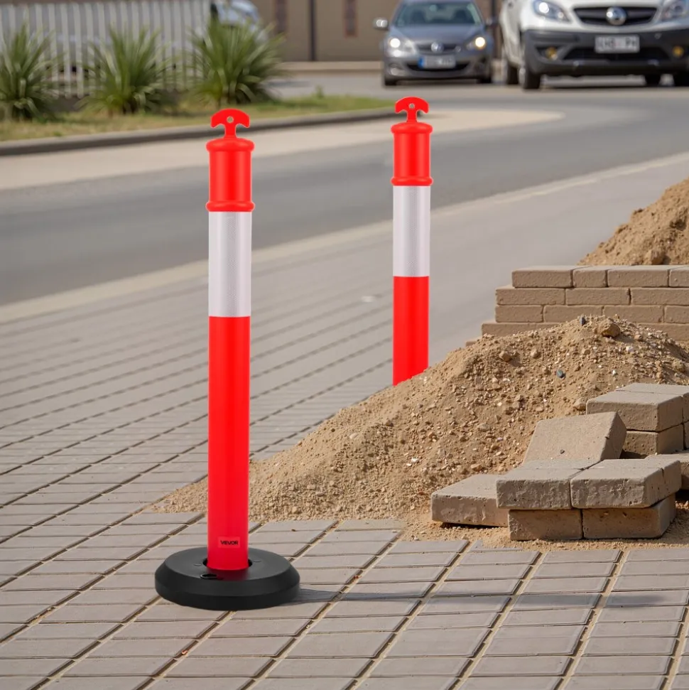 VEVOR 2 Pack Traffic Delineator Posts, 48 inches Traffic Safety Cones with Weighted Base and Reflective Strips, Heavy Duty Delineator Posts for Construction Site, Parking Lot, Crowd Control, Red