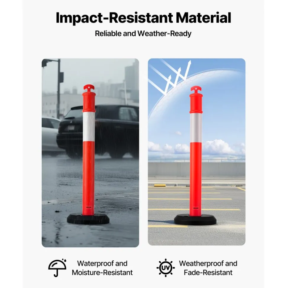 VEVOR 2 Pack Traffic Delineator Posts, 48 inches Traffic Safety Cones with Weighted Base and Reflective Strips, Heavy Duty Delineator Posts for Construction Site, Parking Lot, Crowd Control, Red