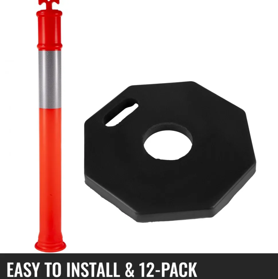 VEVOR 12Pack Traffic Delineator Posts 44 Inch Height, Channelizer Cones Post Kit 10 inch Reflective Band, Delineators Post with Rubber Base 16 inch for Construction Sites, Facility Management etc.