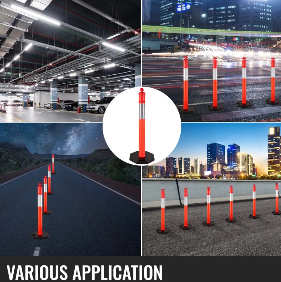 VEVOR 12Pack Traffic Delineator Posts 44 Inch Height, Channelizer Cones Post Kit 10 inch Reflective Band, Delineators Post with Rubber Base 16 inch for Construction Sites, Facility Management etc.