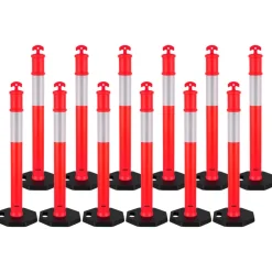 VEVOR 12 Pack Traffic Delineator Posts, 48 inches Traffic Safety Cones with Weighted Base and Reflective Strips, Heavy Duty Delineator Posts for Construction Site, Parking Lot, Crowd Control, Red