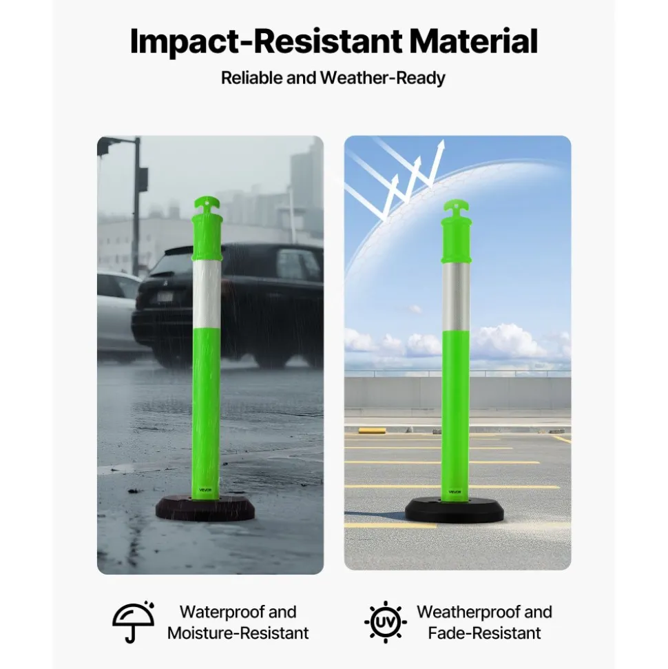 VEVOR 3 Pack Traffic Delineator Posts, 48 inches Traffic Safety Cones with Fillable Base and Reflective Strips, Heavy Duty Delineator Posts for Construction Site, Parking Lot, Crowd Control, Green