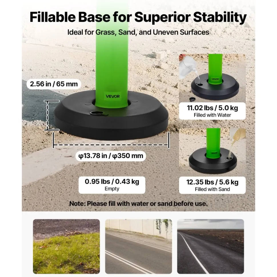 VEVOR 3 Pack Traffic Delineator Posts, 48 inches Traffic Safety Cones with Fillable Base and Reflective Strips, Heavy Duty Delineator Posts for Construction Site, Parking Lot, Crowd Control, Green