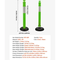VEVOR 3 Pack Traffic Delineator Posts, 48 inches Traffic Safety Cones with Fillable Base and Reflective Strips, Heavy Duty Delineator Posts for Construction Site, Parking Lot, Crowd Control, Green