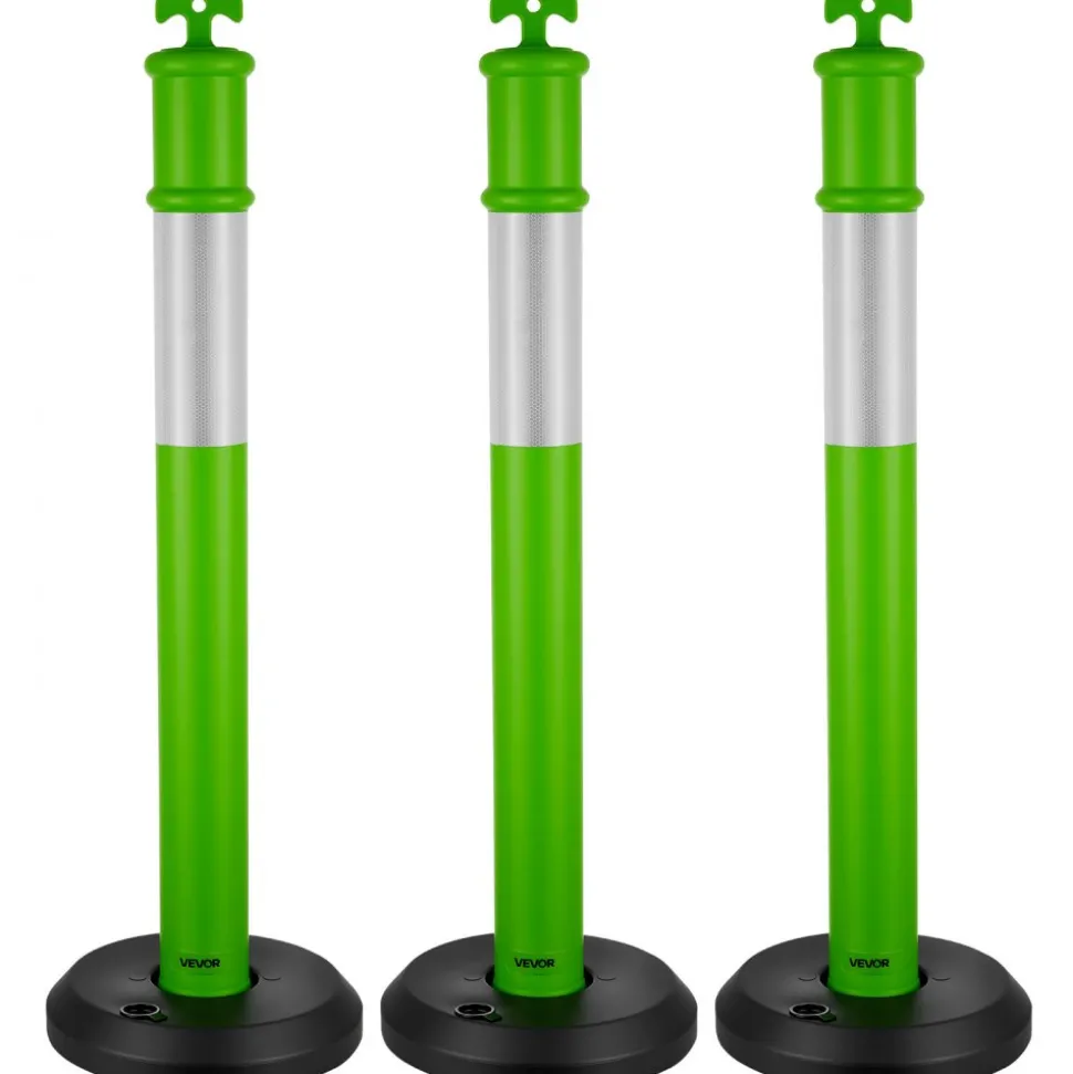 VEVOR 3 Pack Traffic Delineator Posts, 48 inches Traffic Safety Cones with Fillable Base and Reflective Strips, Heavy Duty Delineator Posts for Construction Site, Parking Lot, Crowd Control, Green