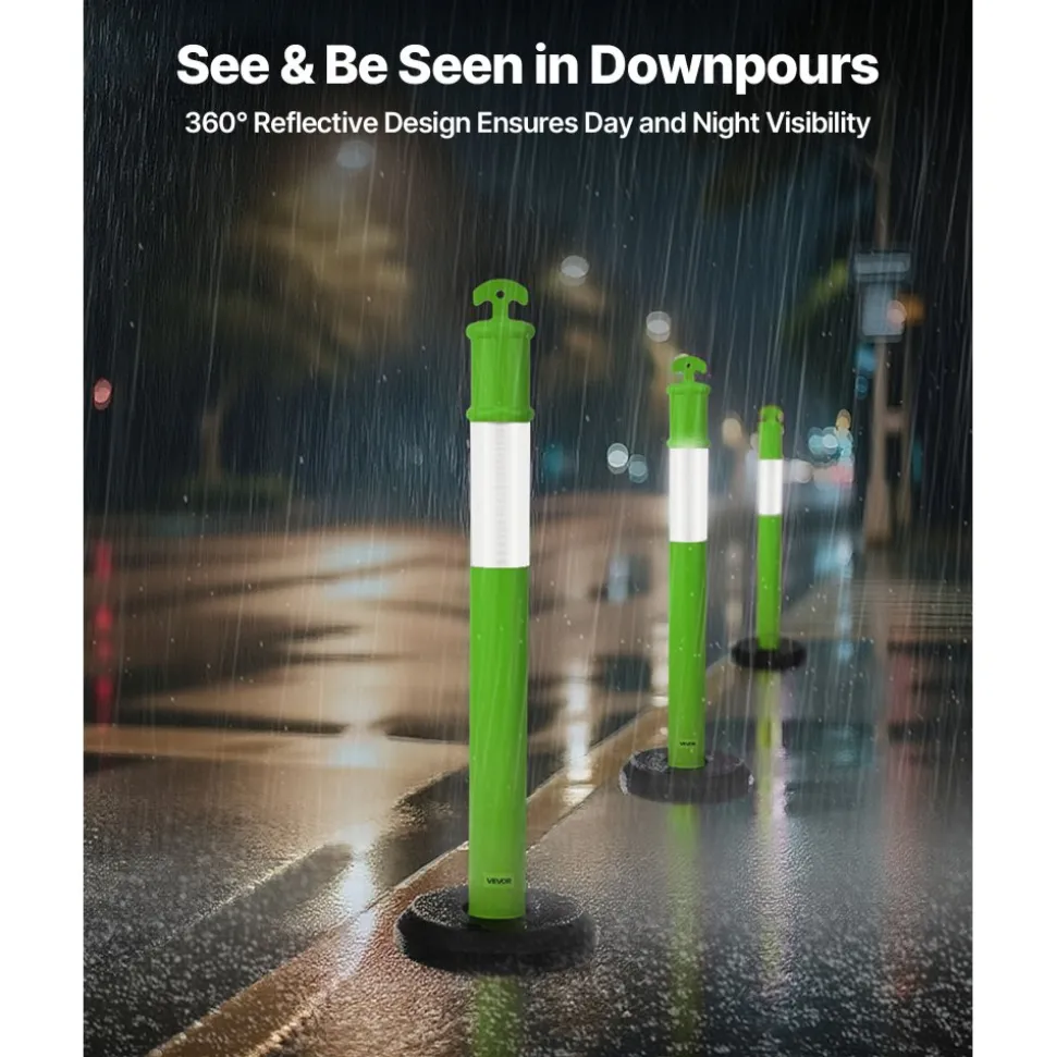 VEVOR 3 Pack Traffic Delineator Posts, 48 inches Traffic Safety Cones with Fillable Base and Reflective Strips, Heavy Duty Delineator Posts for Construction Site, Parking Lot, Crowd Control, Green