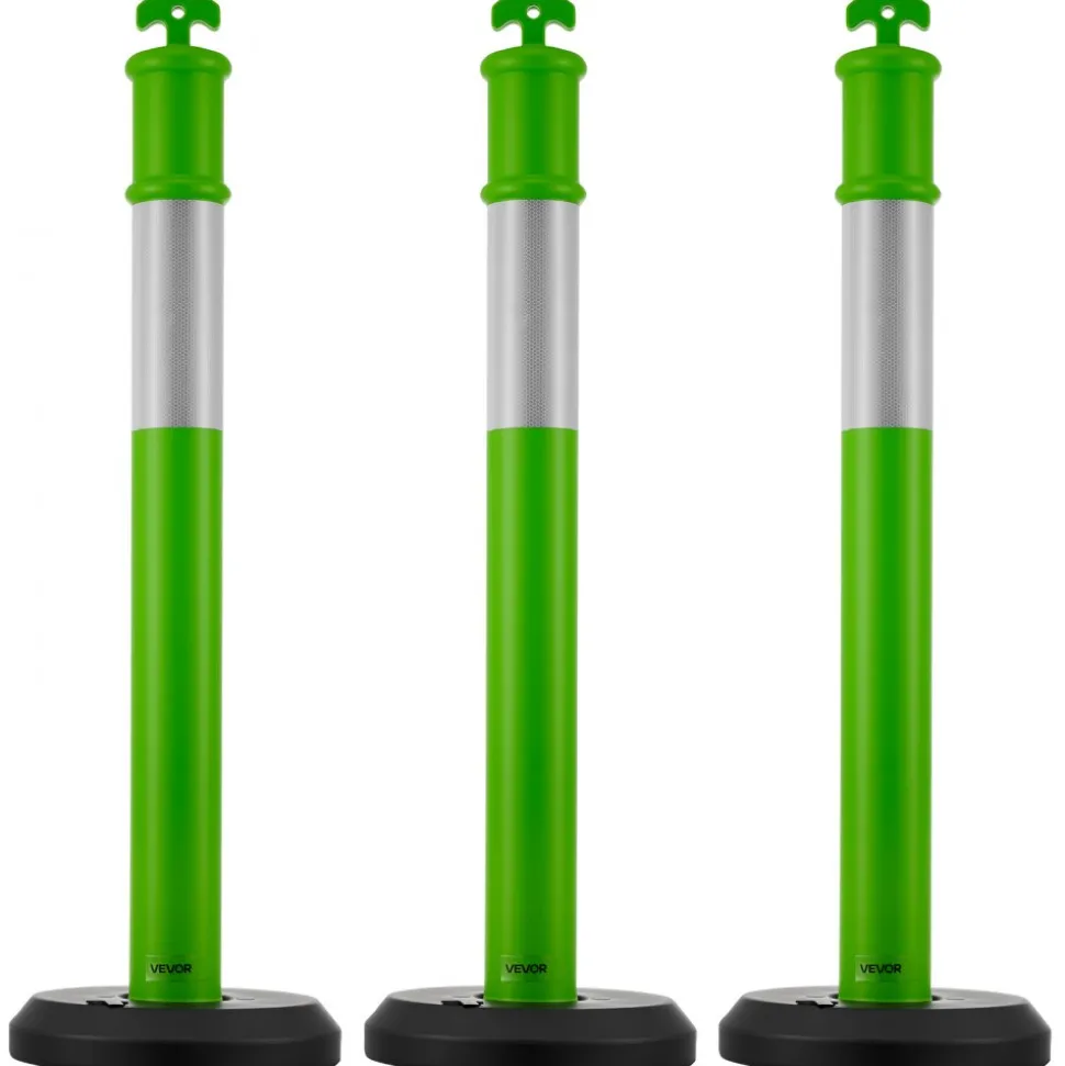 VEVOR 3 Pack Traffic Delineator Posts, 48 inches Traffic Safety Cones with Fillable Base and Reflective Strips, Heavy Duty Delineator Posts for Construction Site, Parking Lot, Crowd Control, Green