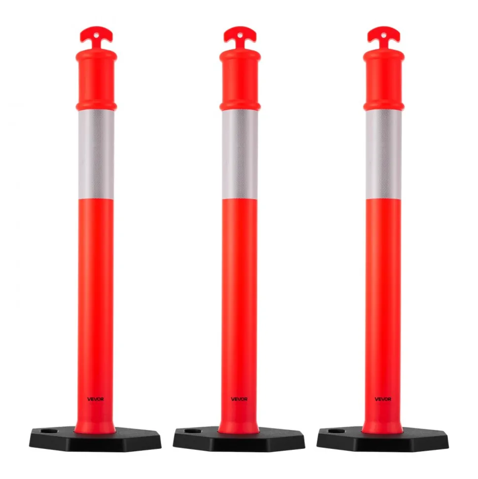 VEVOR 3 Pack Traffic Delineator Posts, 48 inches Traffic Safety Cones with Weighted Base and Reflective Strips, Heavy Duty Delineator Posts for Construction Site, Parking Lot, Crowd Control, Red
