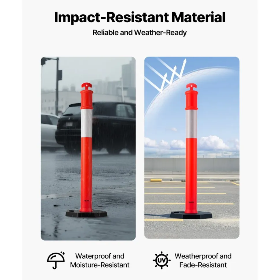 VEVOR 3 Pack Traffic Delineator Posts, 48 inches Traffic Safety Cones with Weighted Base and Reflective Strips, Heavy Duty Delineator Posts for Construction Site, Parking Lot, Crowd Control, Red