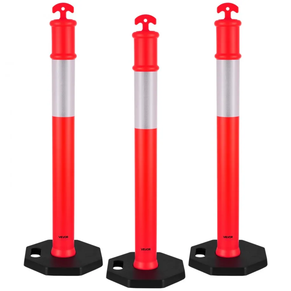 VEVOR 3 Pack Traffic Delineator Posts, 48 inches Traffic Safety Cones with Weighted Base and Reflective Strips, Heavy Duty Delineator Posts for Construction Site, Parking Lot, Crowd Control, Red