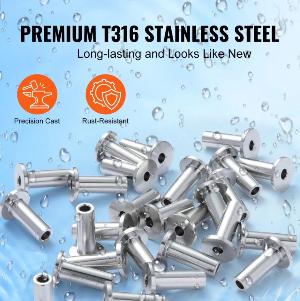 VEVOR 121 Pack T316 Stainless Steel Protector Sleeves for 1/8" Wire Rope Cable Railing, DIY Balustrade T316 Marine Grade, Come with A Free Drill Bit, Silver