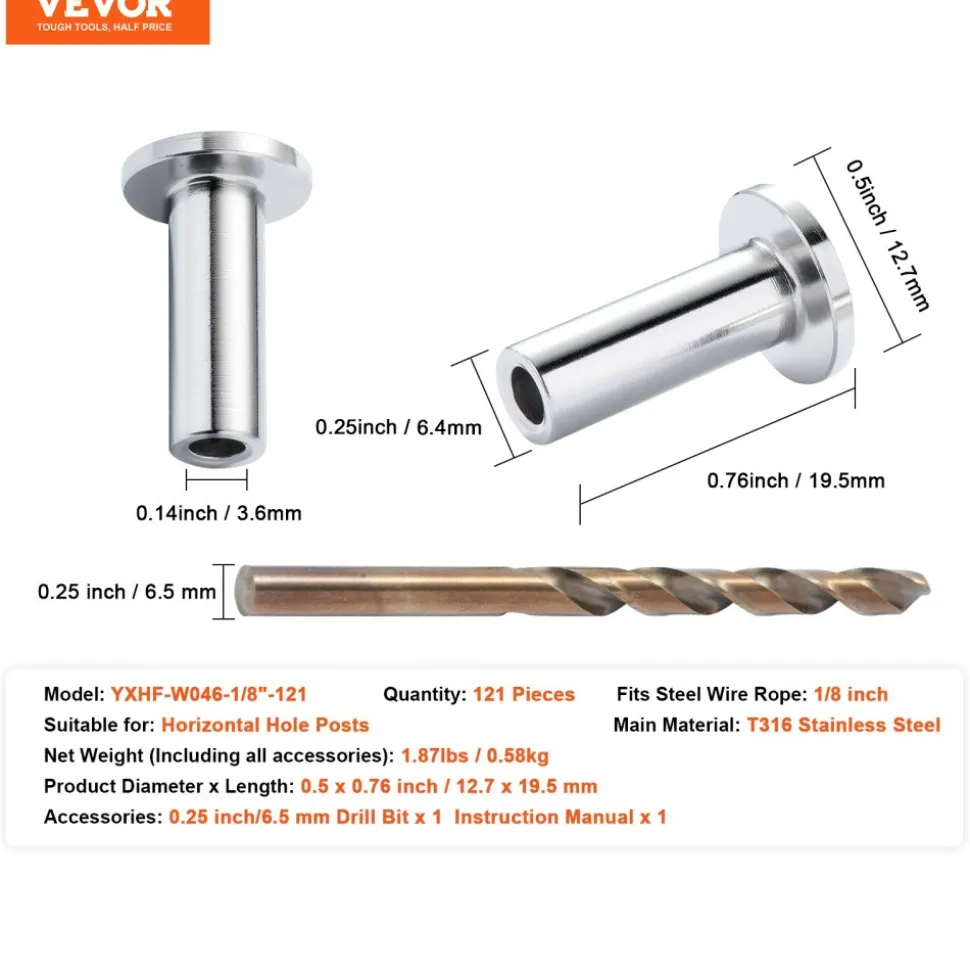 VEVOR 121 Pack T316 Stainless Steel Protector Sleeves for 1/8" Wire Rope Cable Railing, DIY Balustrade T316 Marine Grade, Come with A Free Drill Bit, Silver