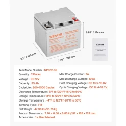 VEVOR 2 Pack 12V 35Ah Deep Cycle Battery, Sealed AGM Technology, Rechargeable Lead Acid AGM Battery, Backup Replacement for Scooters, Mobility Wheelchair, Solar System Off-Grid Home Energy Storage