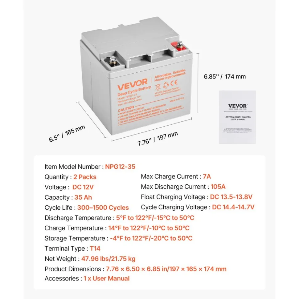 VEVOR 2 Pack 12V 35Ah Deep Cycle Battery, Sealed AGM Technology, Rechargeable Lead Acid AGM Battery, Backup Replacement for Scooters, Mobility Wheelchair, Solar System Off-Grid Home Energy Storage