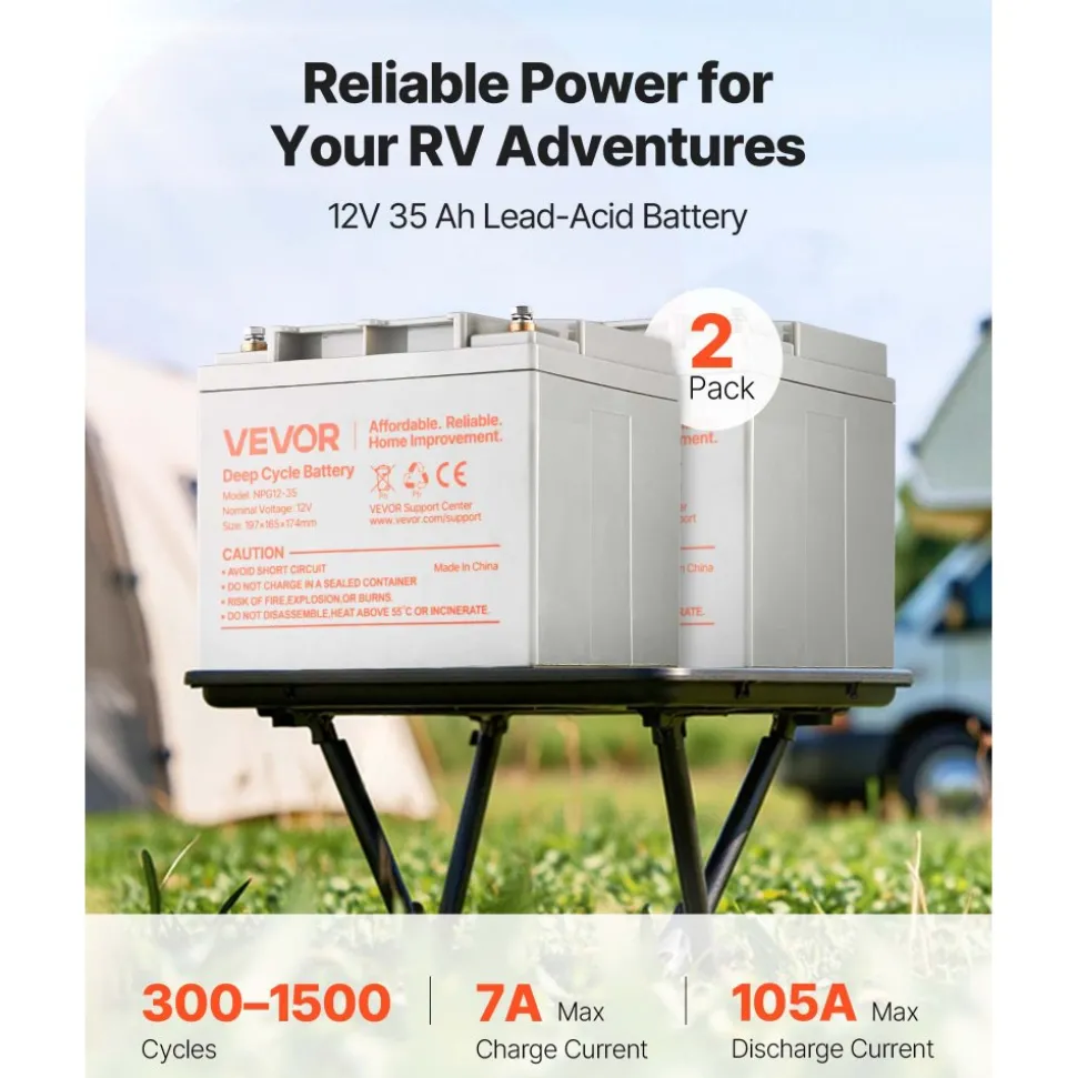 VEVOR 2 Pack 12V 35Ah Deep Cycle Battery, Sealed AGM Technology, Rechargeable Lead Acid AGM Battery, Backup Replacement for Scooters, Mobility Wheelchair, Solar System Off-Grid Home Energy Storage