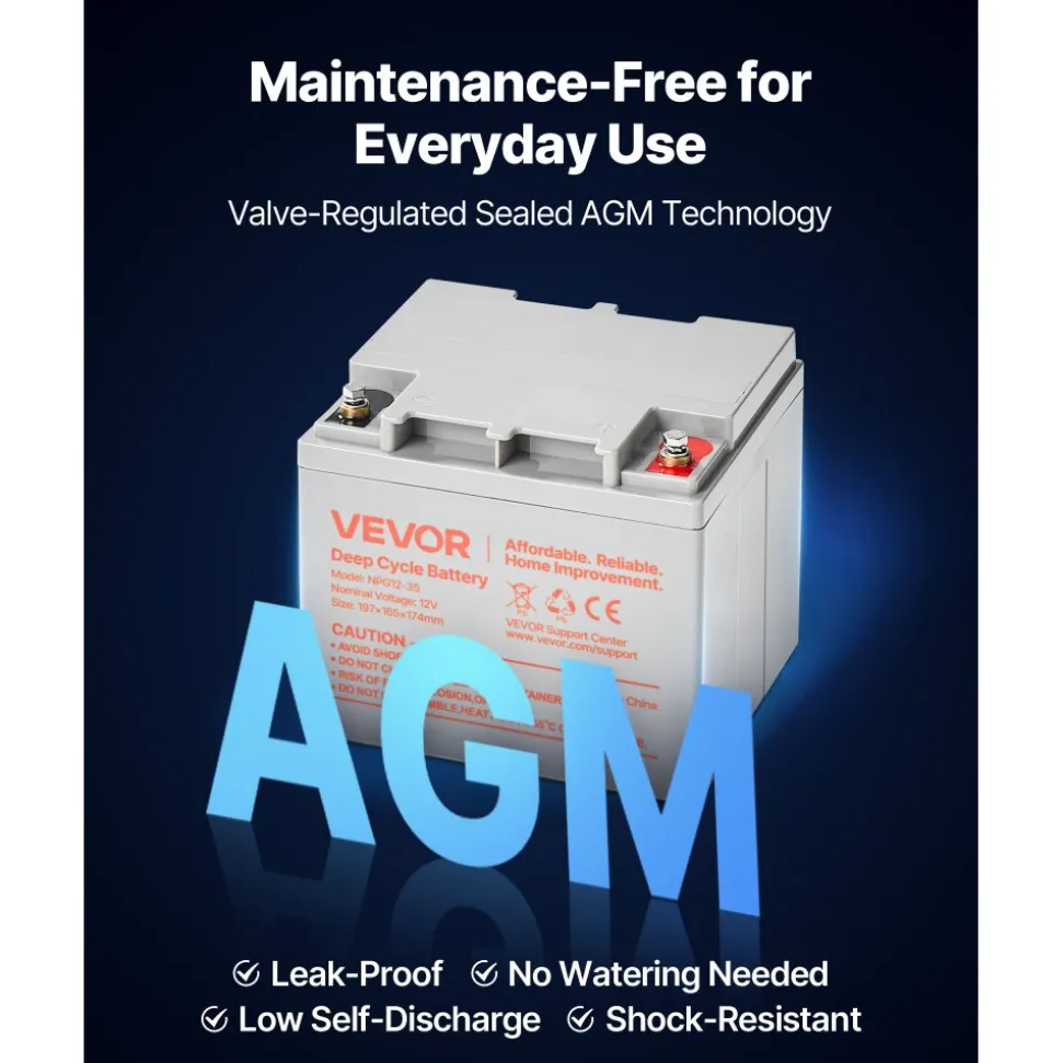 VEVOR 2 Pack 12V 35Ah Deep Cycle Battery, Sealed AGM Technology, Rechargeable Lead Acid AGM Battery, Backup Replacement for Scooters, Mobility Wheelchair, Solar System Off-Grid Home Energy Storage