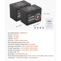 VEVOR 2 Pack 12V 100Ah LiFePO4 Battery, Up to 15000 Cycles, Deep Cycle Lithium Iron Phosphate Battery with Built-in BMS, Low Temp Protection, 10 Years Lifetime, for Solar Off-Grid Home Energy Storage
