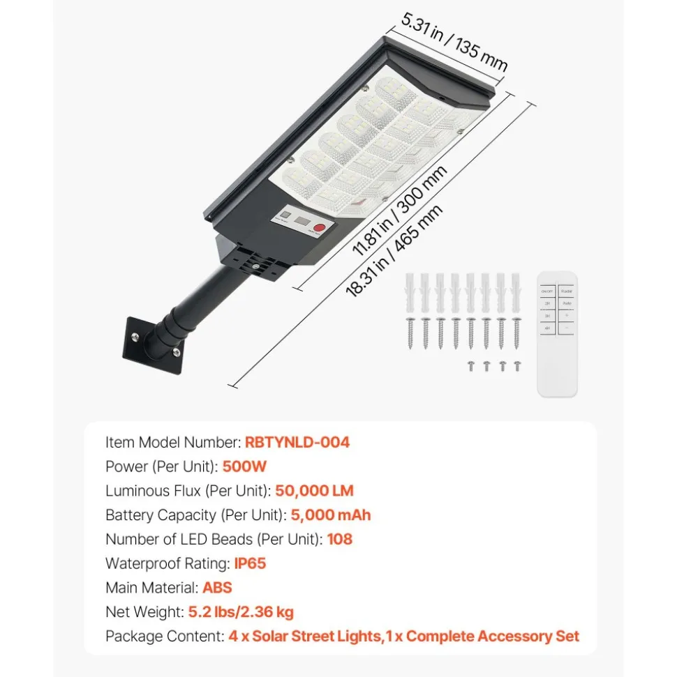 VEVOR 4 Pack 500W Solar Street Lights Outdoor, 50000LM, Commercial Parking Lot Lights Dusk to Dawn, LED Flood Security Lamp with Motion Sensor, IP65 Waterproof Outdoor Lighting, for Driveway Yard