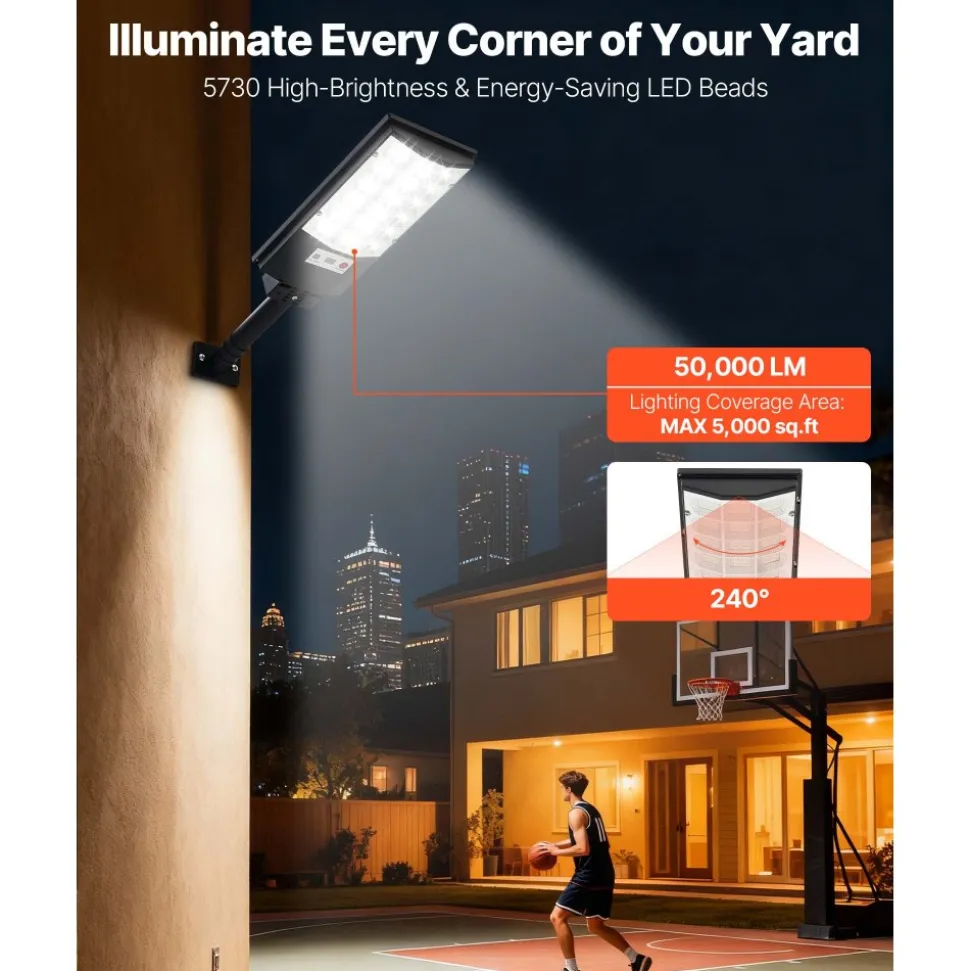 VEVOR 4 Pack 500W Solar Street Lights Outdoor, 50000LM, Commercial Parking Lot Lights Dusk to Dawn, LED Flood Security Lamp with Motion Sensor, IP65 Waterproof Outdoor Lighting, for Driveway Yard