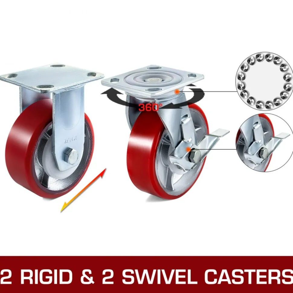 VEVOR 4 Pack 6 x 2 Inch Caster Wheels 2 Rigid and 2 Swivel Casters with Side Brake Polyurethane Iron Core Plate 1000LBS Capacity Per Wheel