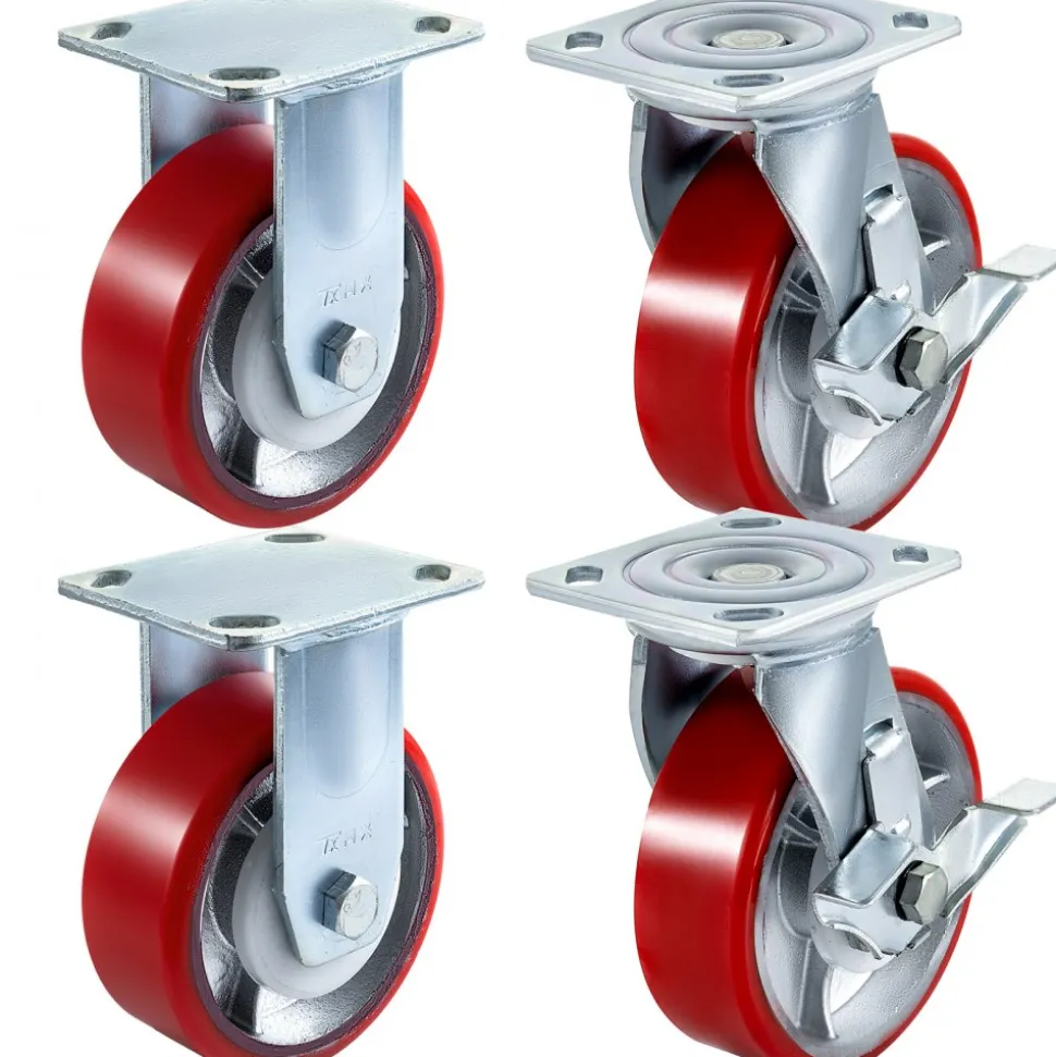 VEVOR 4 Pack 6 x 2 Inch Caster Wheels 2 Rigid and 2 Swivel Casters with Side Brake Polyurethane Iron Core Plate 1000LBS Capacity Per Wheel
